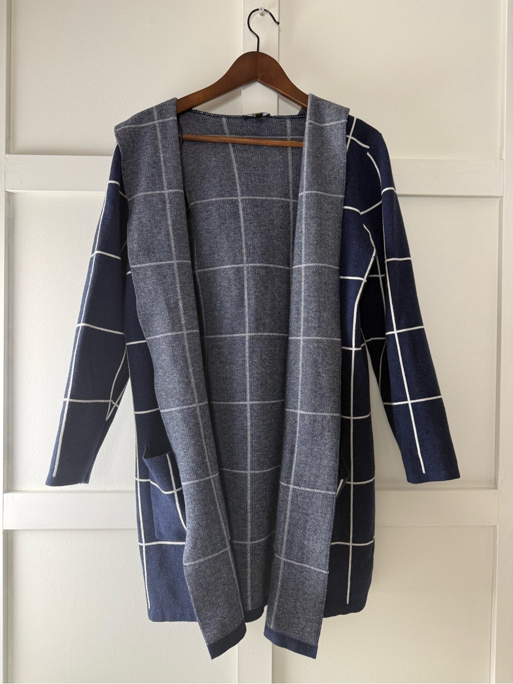 Marble Scotland Navy Cotton-Blend Windowpane Hooded Long Coatigan Sweater Coat
